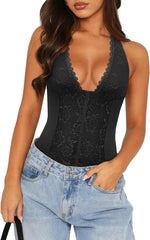 Summer Sexy Floral Lace Halter Deep V Neck Sleeveless Backless Trendy Going Out Corset Body Suits