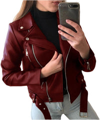 Women's Faux Leather Jackets Cropped Faux Leather Motorcycle Jacket Belted Moto Biker Coat Slim Classic Fashion Coat