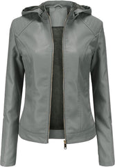 Women's Winter Warm Sherpa Lined Faux Leather Cropped Coat with Detachable Sherpa Hood