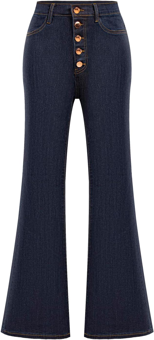 Women’s Retro High Waist Bell Bottom Jeans - Stretchy Flared Denim Pants with Vintage Wash for Everyday & Festival Outfits