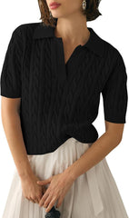 Micoson Womens Short Sleeve Lightweight Sweater Tops Lapel V Neck Cable Knit Polo Shirts Summer Loose Casual Outfits 2025