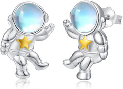 Sterling Silver Moonstone Astronaut Earrings - Cute Spaceman Studs - Planet Jewelry Gift for Women