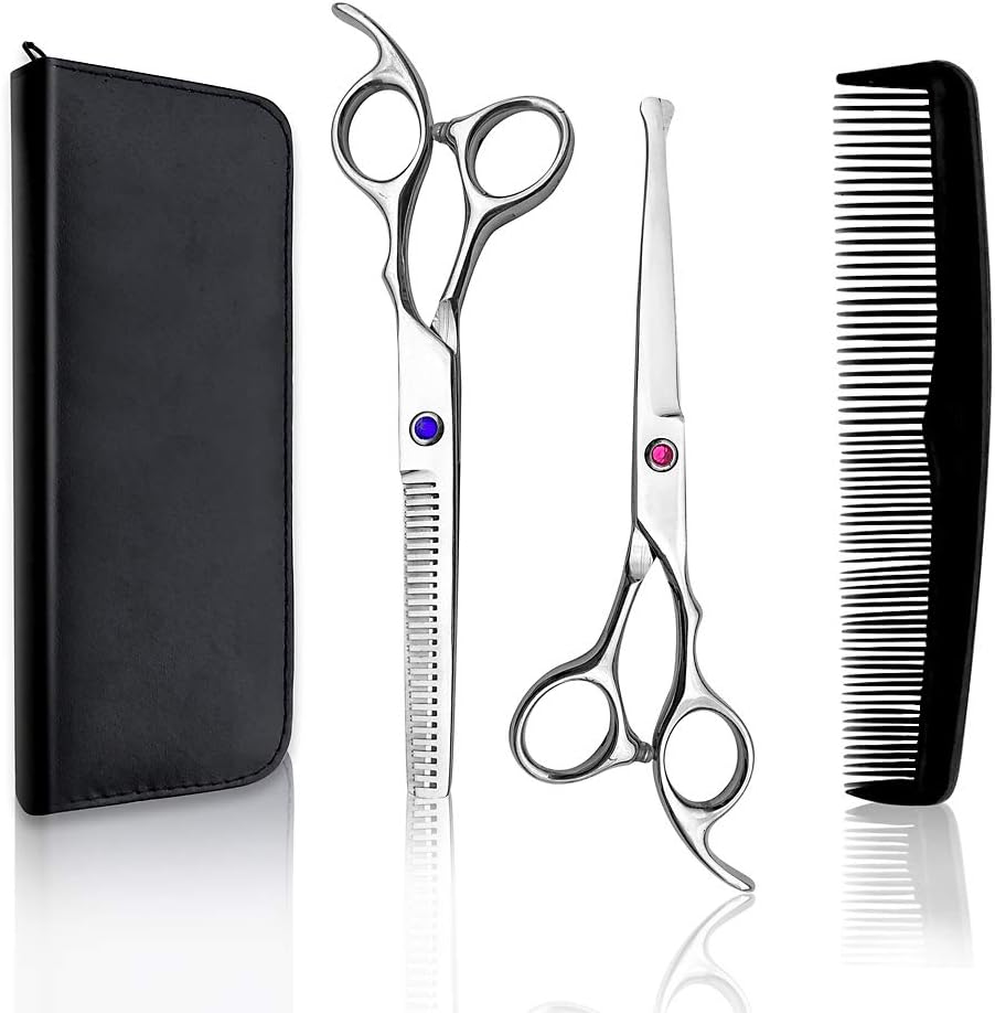 Kids Hair Cutting Scissors Set Professional 6.5 inch Saftey Round Head Hair cut Scissors Kit with Cutting Thinning Scissors Hairdressing Shears Set for Barber Salon （red）