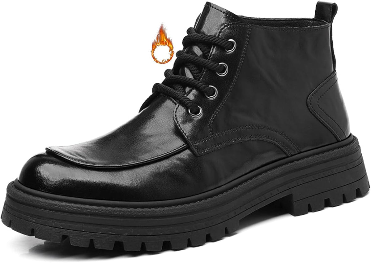 Men's Genuine Leather Platform Lace Up Ankle Boots Comfort Round Toe Warm Fur Lined Lug Sole Chukka Boots for Work Business Office