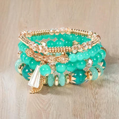 Bohemian Beaded Bracelet Set - Handmade Multi-Layer Glazed Stone Elastic Bracelets with Metal Tassel, Boho Chic Jewelry