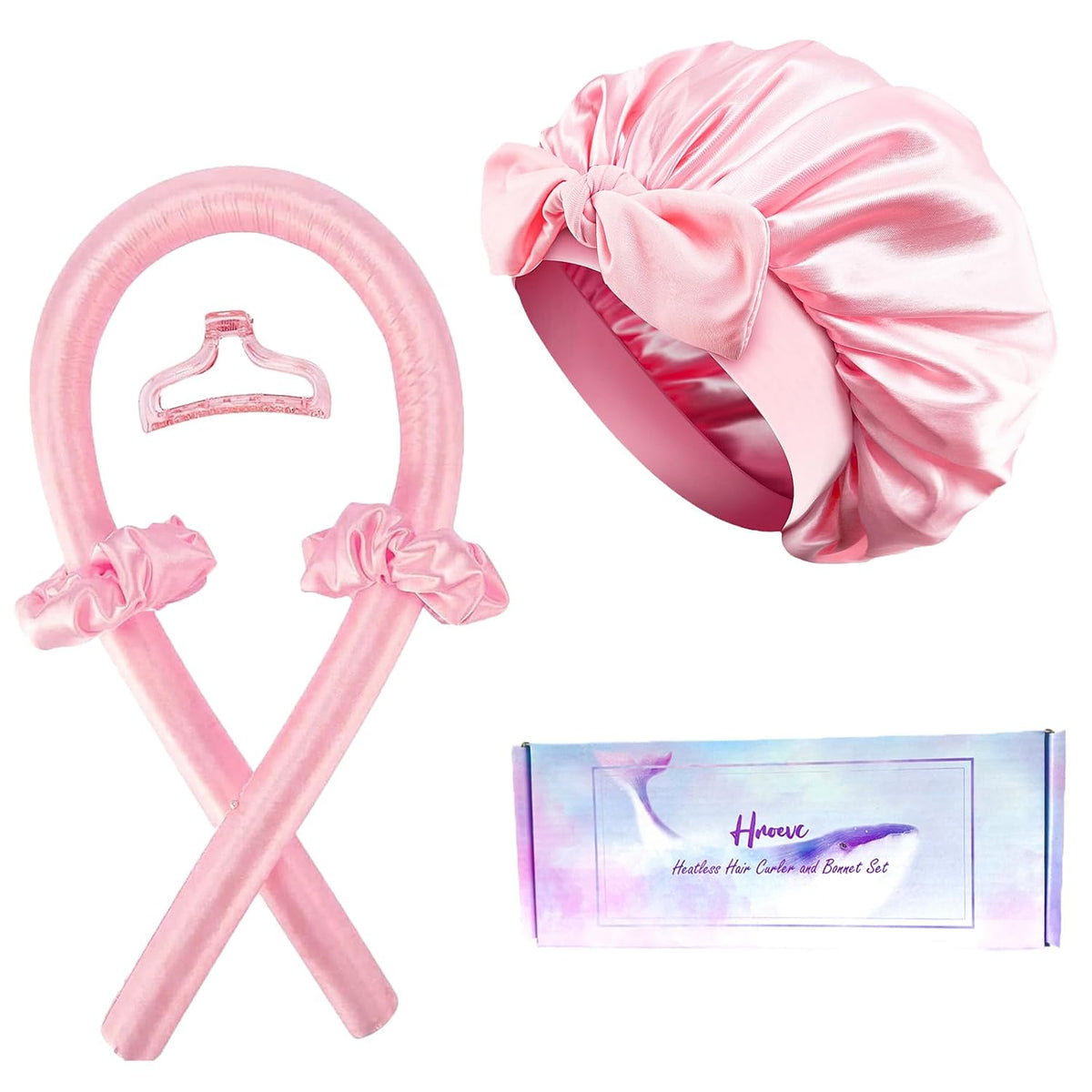 No Heat Overnight Curls with Double Layer Satin Bonnet - Soft Hair Curlers to Sleep In, heatless Curling Rods Set + Silk Bonnet for Women & Girls Long Hair, Heatless Waves & Volume (Pink)