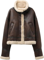 Women's Faux Wool Bomber Jacket Lapel Sherpa Motorcycle Biker Leather Jacket