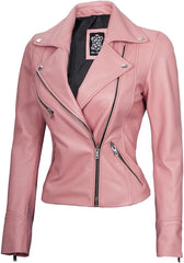 Women's Moto Style Real Leather Pink Biker Jacket – Stylish & Durable Motorcycle Jacket for Casual & Trendy Looks