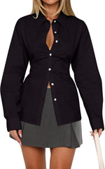 MISSACTIVER Women's Lapel Collar Button Down Shirt Cinch Waist Long Sleeve Casual Work Dressy Tunics Blouse Corset Tops