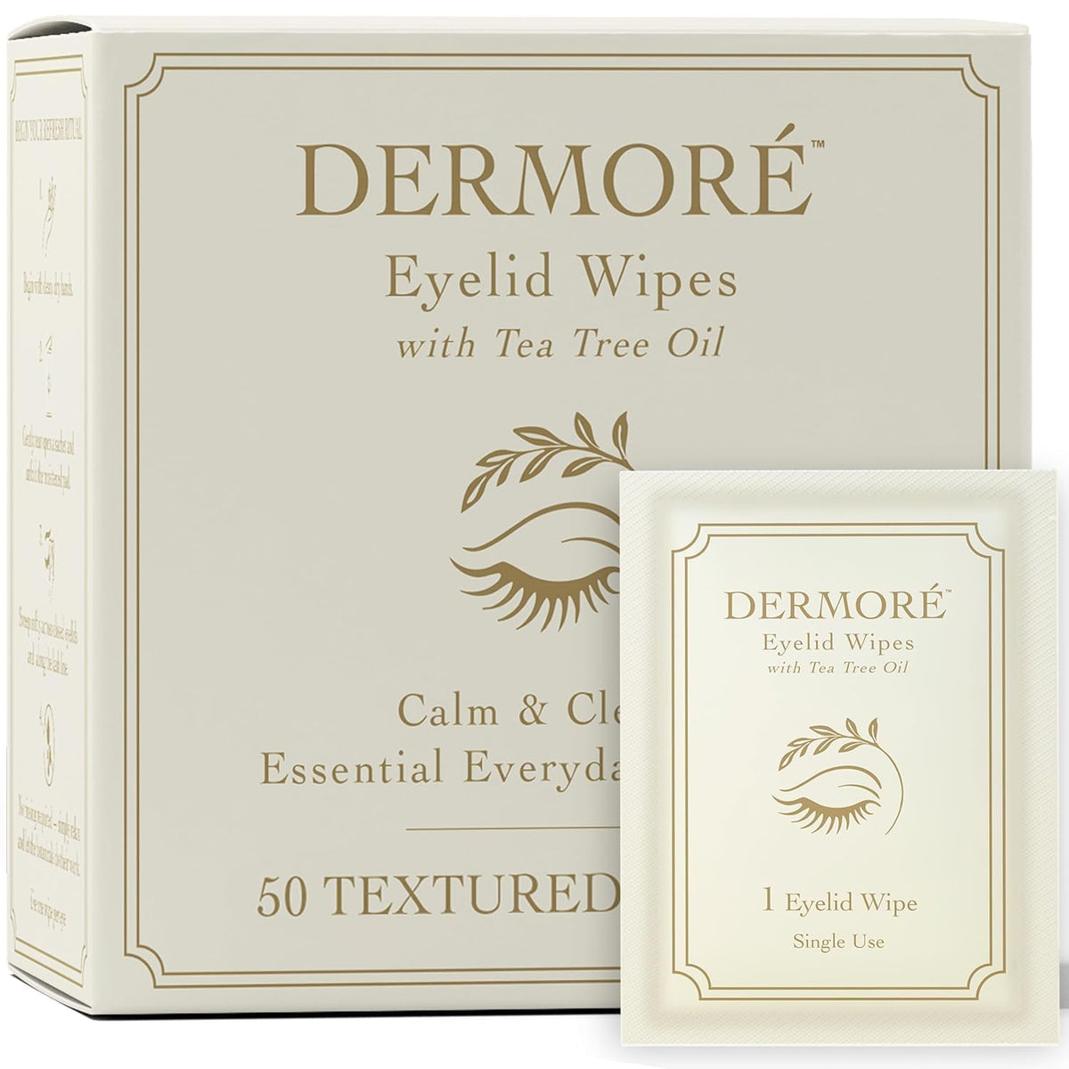 DERMORE 50Pcs Tea Tree Eyelid Cleansing Wipes | Individually Wrapped Wipes | Refreshing Cleanse & Gentle Daily Eyelid Hygiene | Tea Tree Oil Eyelid Cleanser | Gentle Eye Care Solution