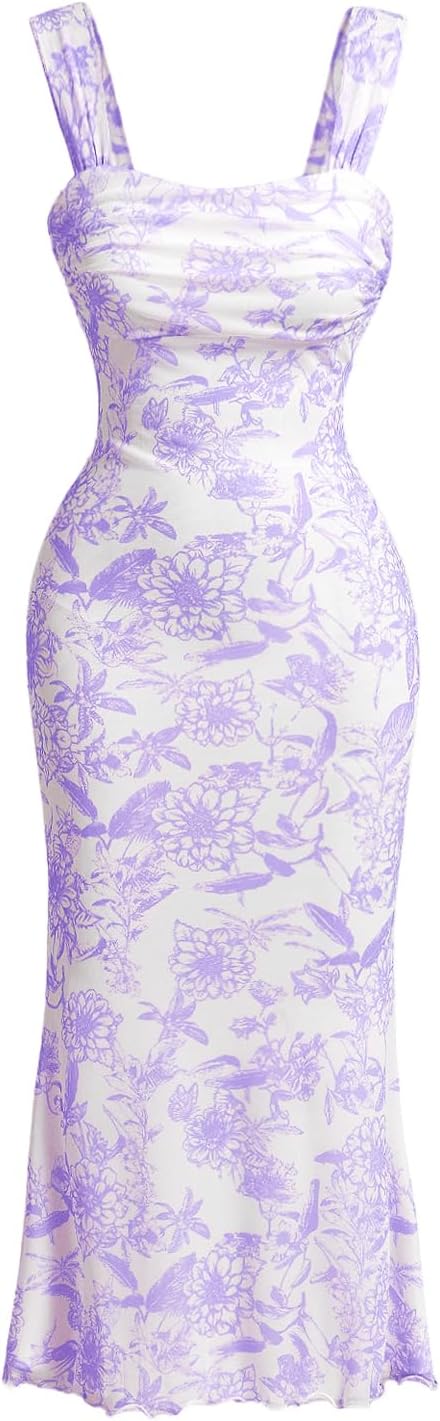 GORGLITTER Women's Floral Ruched Bodycon Summer Wedding Guest Dress Mesh Fishtail Cocktail Midi Sun Dresses 2025