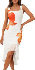 MEROKEETY Women's Summer Floral Bodycon Dress Square Neck Sleeveless Ruffle Hem Cocktail Mesh Midi Dress