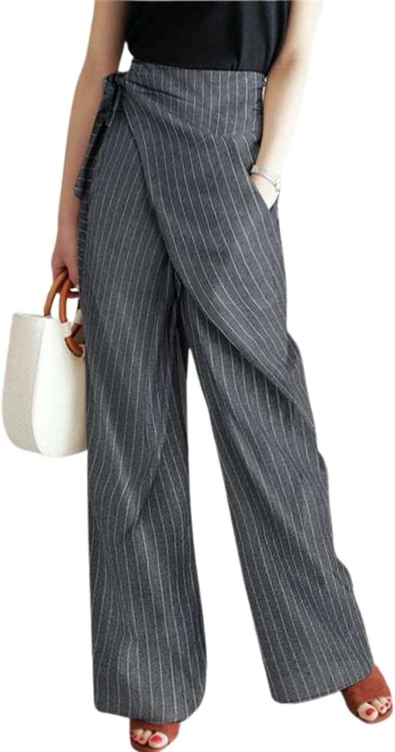 Women's Striped Pants Wrap Belt Pinstripe Suit Pants Wide Leg Business Dress Trousers with Pockets