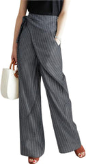 Women's Striped Pants Wrap Belt Pinstripe Suit Pants Wide Leg Business Dress Trousers with Pockets