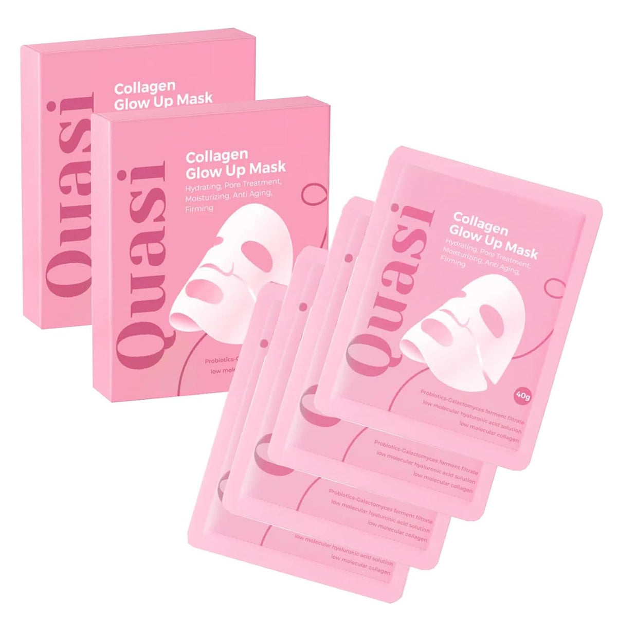 Quasi Collagen Glow Up Mask 2.0, Quasi Bio Collagen Face Mask, Firm Skin Deep Hydrating Masks for Wrinkle Reduction and Pore Minimization - Glow like Glass Skin (1 Box (4 Pcs))
