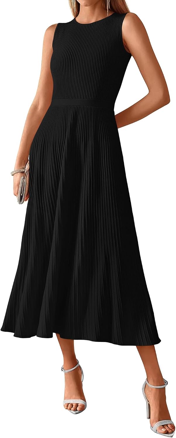 BTFBM Women Midi Bodycon Tank Dress Summer Crewneck Sleeveless Pleated A Line Business Casual Knit Sweater Fall Dresses