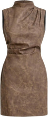 Women's PU Leather Ruched Bodycon Dresses Mock Neck Sleeveless Zipper Mini Tank Dress