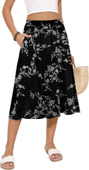 Women's Midi Skirt Summer Flowy Elastic High Waisted Casual Pleated Skirts with Pockets