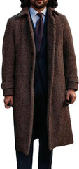 Men's Wool Blend Pea Coat Herringbone Long Below Knee Heavyweight Overcoat with Belt