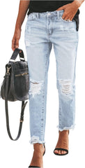 fanmpghleoo Ripped Jeans Womens Stretchy Slim Fit Distressed Straight Leg Jeans Lightweight Casual Trendy Denim Cropped Pants