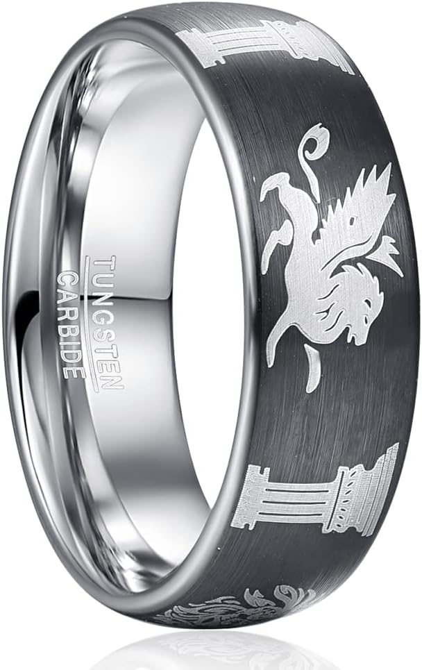 8mm Men‘s Rings Tungsten Rings for Men Silver Wedding Bands with Red Zircon Printed Organic Molecular Pattern Promise Rings Couple Rings Comfort Fit Size 7-12