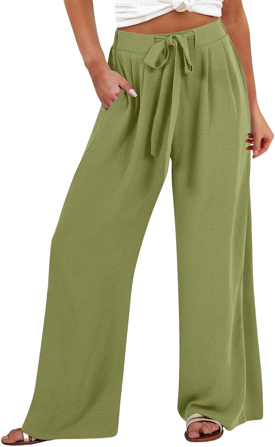 Womens Casual Linen High Waist Pants Wide Leg Beach Vacation Pants Trousers Pockets Drawstring Loose Fit Summer Outfits