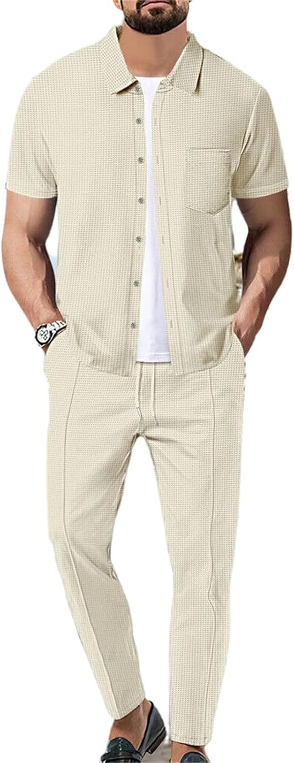crazynekos Mens Summer Sets 2 Piece Outfits Causal Tracksuit Button Shirt and Pants Set for Men
