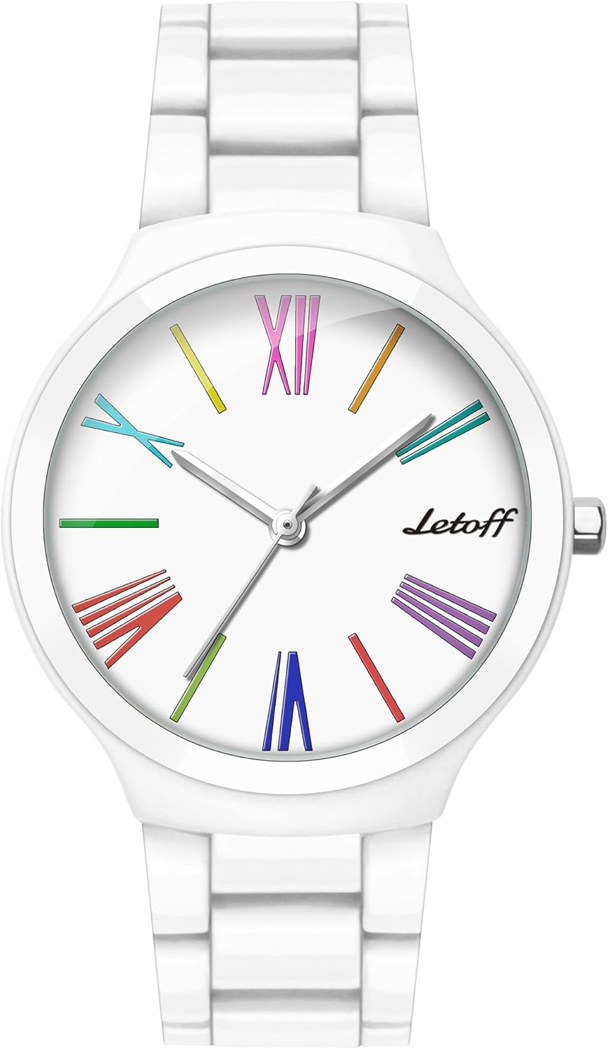 Letoff Ceramic Oil Finish Watch,Metal Case Metal Bracelet,Big face Colorful Roman Numerals Water Resistant 100ft
