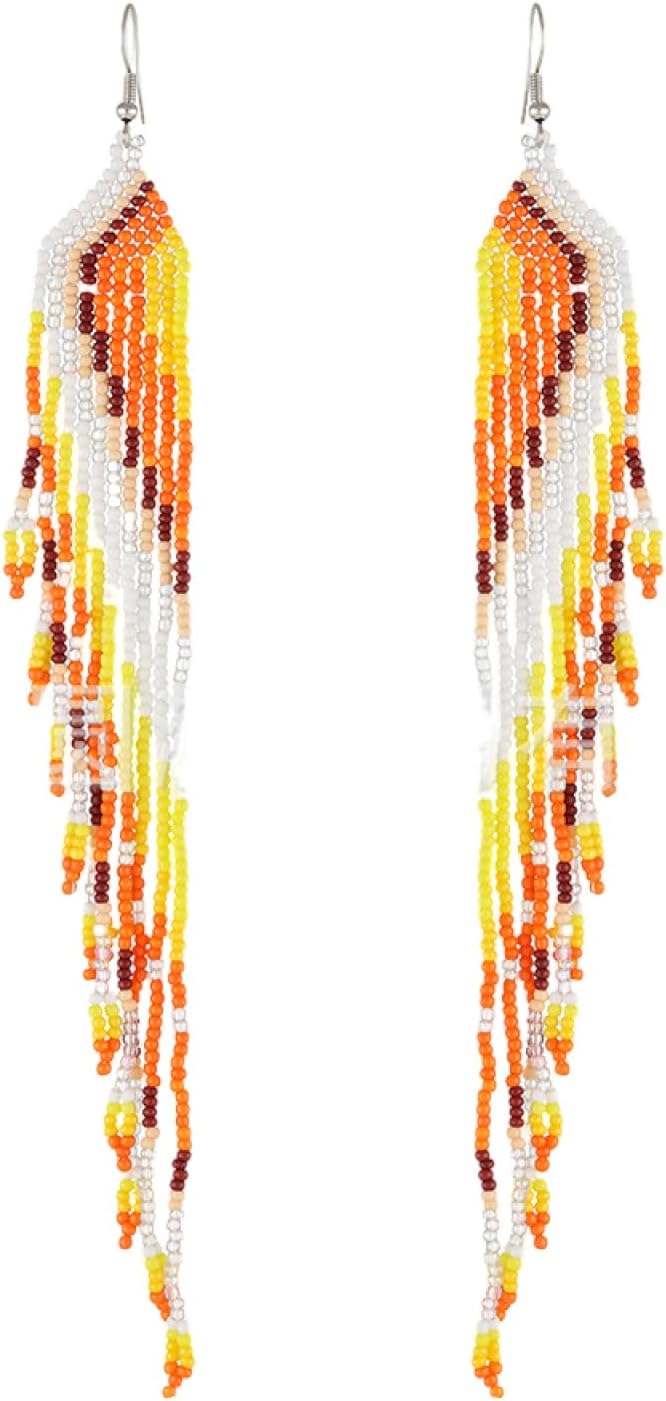 Hand-woven Colorful Rice Beads Gradient Beaded Long Tassel Earrings Bohemian Beach Travel Accessories