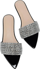 GORGLITTER Women's Rhinestone Sandals Sparkly Pointed Open Toe Dressy Summer Flat Sandals