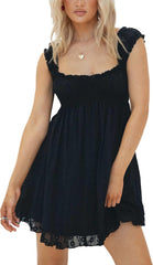Women's Babydoll Mini Dress Floral Embroidery Summer Sleeveless Loose A Line Flowy Short Sundress for Beach Club Party