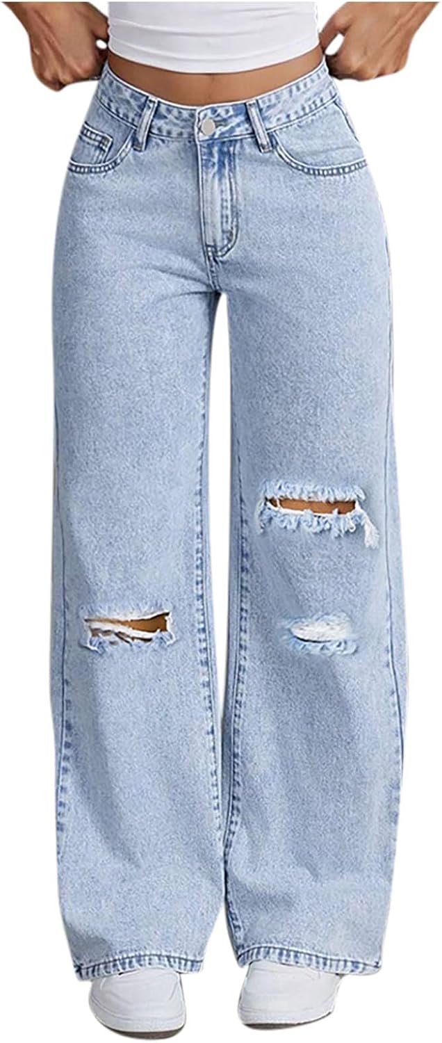 Wide Leg Jeans for Women High Waisted Trendy Strechy Denim Pants Destroyed Ripped Hole Baggy Trousers with Pockets