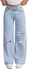 Wide Leg Jeans for Women High Waisted Trendy Strechy Denim Pants Destroyed Ripped Hole Baggy Trousers with Pockets