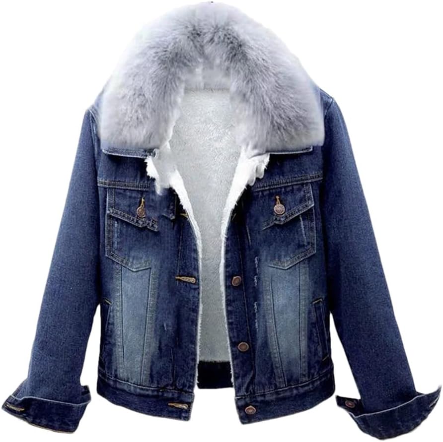 Women’S Denim Jacket Fleece Warm And Versatile Solid Turn-Down Collar Outerwear
