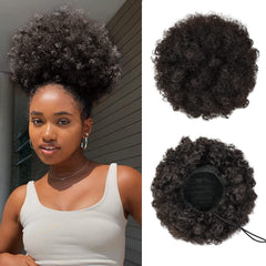 YEAME Afro Puff Drawstring Ponytail for Black Women, Short Kinky Curly Afro Ponytail Synthetic Hair Puffs, Premium Black Afro Bun Drawstring Ponytail for Women Girls (1B Natural Black)