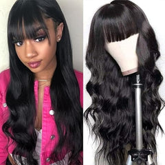 ROSELINE Body Wave Wigs with Bangs Human Hair Wigs for Black Women None Lace Front Wigs 150% Density Brazilian Virgin Hair Glueless Wig Natural Color 20inch