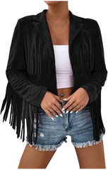 Women's Fringe Faux Suede Leather Jackets Trendy Open Front Fall Western Jacket 2025 Tassel Motorcycle Cropped Coats