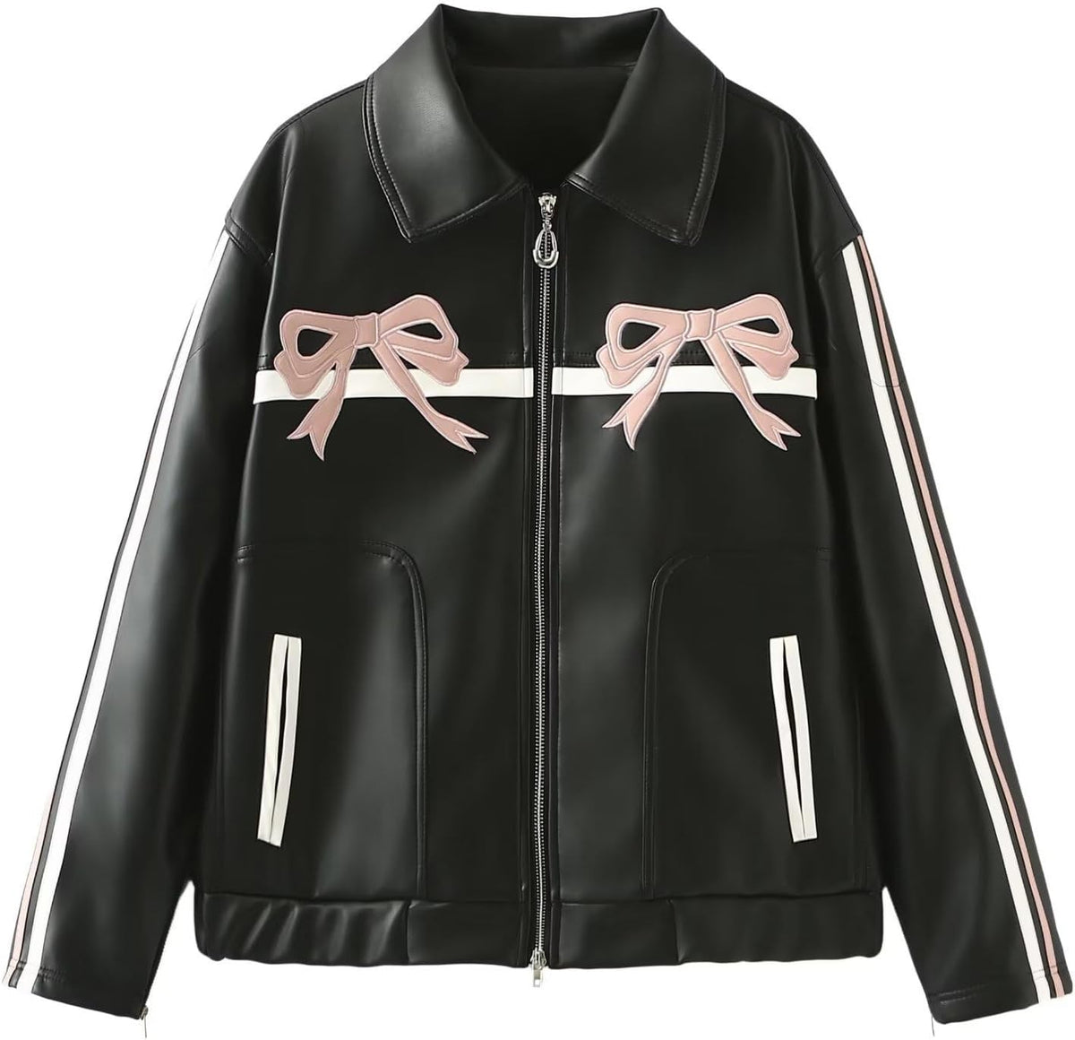 Leather Jacket Women Bow Jacket Y2k Jacket Zip Up Jacket Streetwear Graphic Jacket Faux Leather Jacket Fall Clothes
