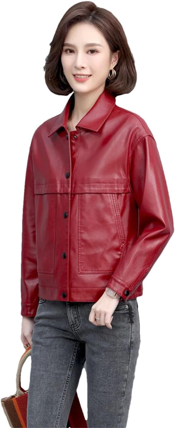 Women Spring Casual Leather Jacket Ladies Turn-Down Collar Single Breasted Moto Biker Sheepskin Coat