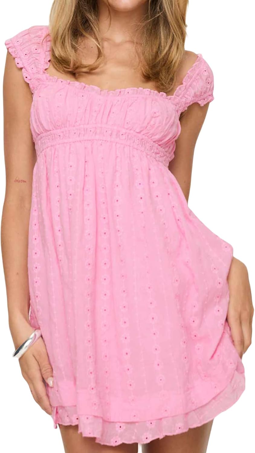 Women's Babydoll Mini Dress Floral Embroidery Summer Sleeveless Loose A Line Flowy Short Sundress for Beach Club Party