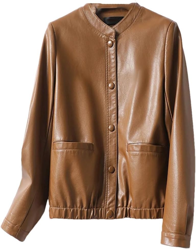 Women Short Jackets O-Neck Covered Button Slim Sheepskin Jackets Coats