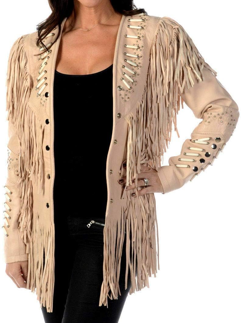 Women Western with Fringes Beads and Bones Brown Real Leather Jacket