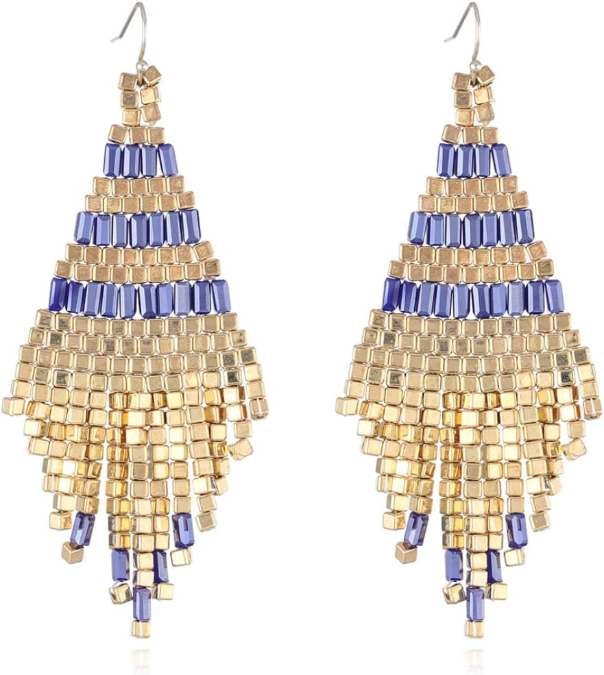 Fashion Bohemian Ethnic Style Metallic Luster Hand Woven Geometric Rice Bead Earrings Vintage Long Tassels High-end Personality Exotic Jewelry