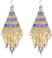 Fashion Bohemian Ethnic Style Metallic Luster Hand Woven Geometric Rice Bead Earrings Vintage Long Tassels High-end Personality Exotic Jewelry