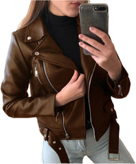 Women's Faux Leather Jackets Cropped Faux Leather Motorcycle Jacket Belted Moto Biker Coat Slim Classic Fashion Coat