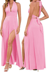 XinFSh Women's Halter V Neck Wedding Guest Maxi Dress Sexy High Slit Bow Tie Beach Vacation Long Formal Dresses