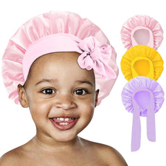 3 Pcs Kids Silk Bonnet for Sleeping - Baby Satin Bonnet for Sleeping,Kids Hair Bonnets for Curly Hair Girls Boys with Wide Elastic Band,Sleep Cap for Teens Toddler Child (Peacock Blue+Black+Beige)