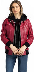 Women's Leather Bomber Jacket with Removable Hood Women's Motorcycle Jacket