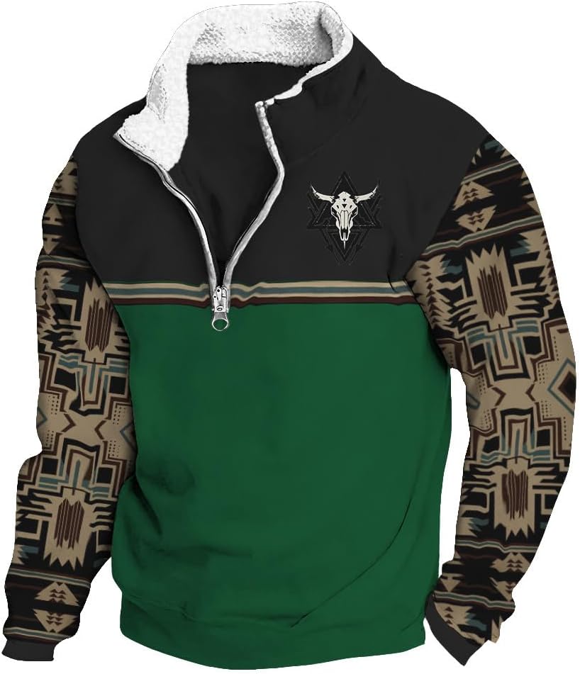 HOTYD Mens Fleece Collar 1/4 Zipper Aztec Sweatshirt Casual Long Sleeve Pullover Western Cowboy Graphic Country Hoodies