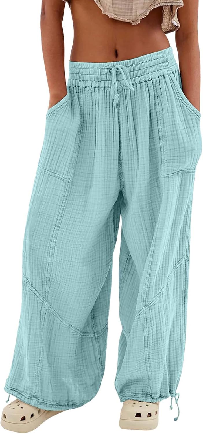 Womens Wide Leg Casual Pants Elastic High Waist Drawstring Stitching Baggy Trousers with Pockets Solid Color